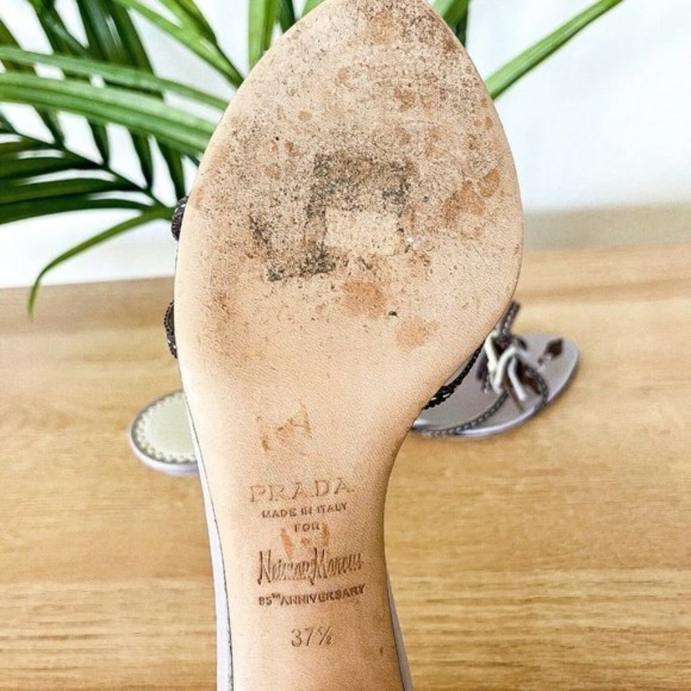 ❤️SOLD❤️Prada Women's Sz 37.5 US 7.5 Lavender Purple Leather Floral Strap Mules - Picture 10 of 11